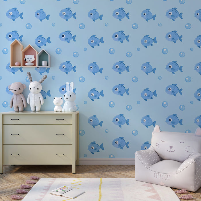 Papier peint chambre enfant à motifs | Petits poissons bleus dans des bulles d'eau