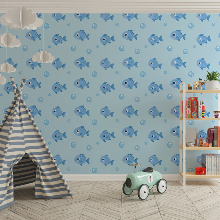 Papier peint chambre enfant à motifs | Petits poissons bleus dans des bulles d'eau