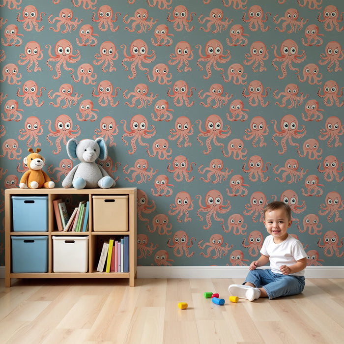 Papier peint chambre enfant à motifs | Petits poulpes espiègles sur fond gris