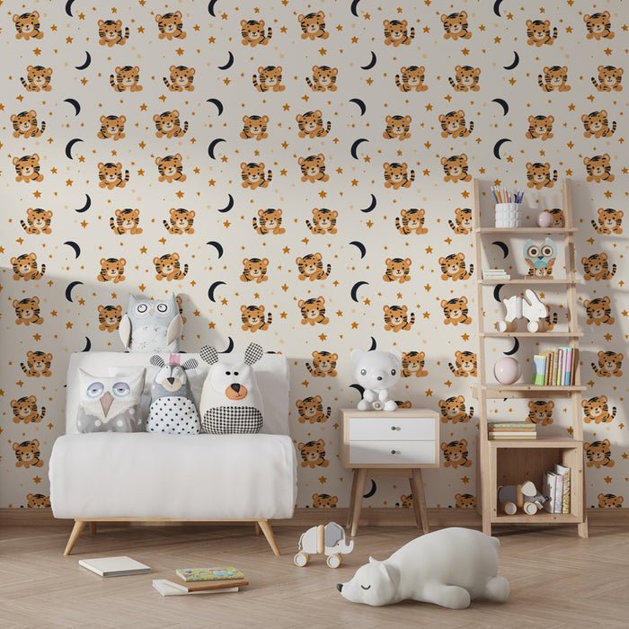Papier peint chambre enfant à motifs | Petits tigres, étoiles et lunes dorées