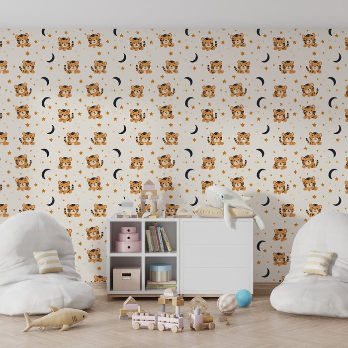 Papier peint chambre enfant à motifs | Petits tigres, étoiles et lunes dorées
