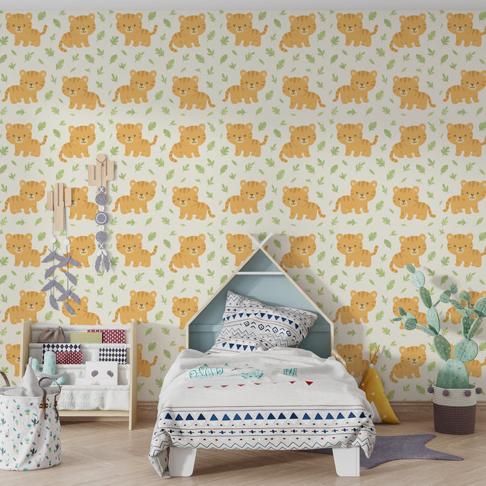 Papier peint chambre enfant à motifs | Petits tigres souriants sur fond doux