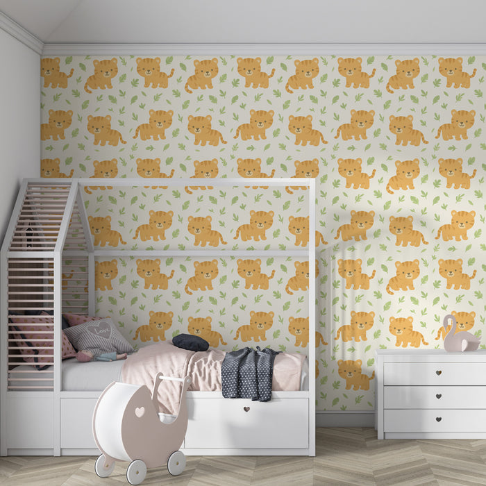 Papier peint chambre enfant à motifs | Petits tigres souriants sur fond doux