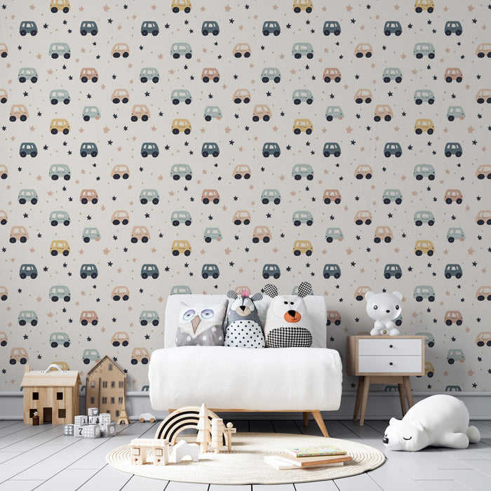 Papier peint chambre enfant à motifs | Petits véhicules colorés sur fond doux