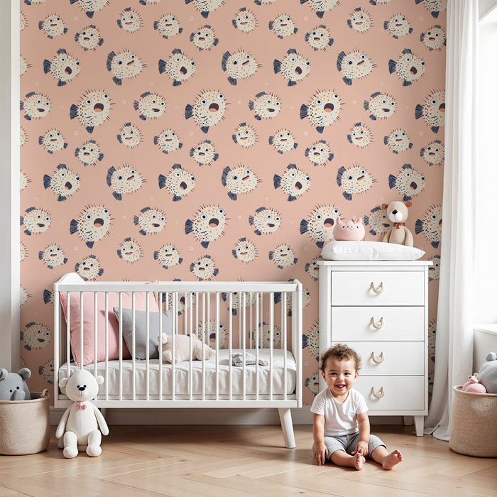 Papier peint chambre enfant à motifs | Poissons mignons sur fond rose