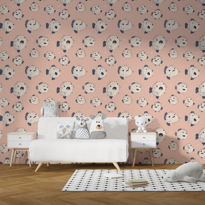 Papier peint chambre enfant à motifs | Poissons mignons sur fond rose