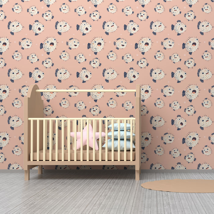Papier peint chambre enfant à motifs | Poissons mignons sur fond rose