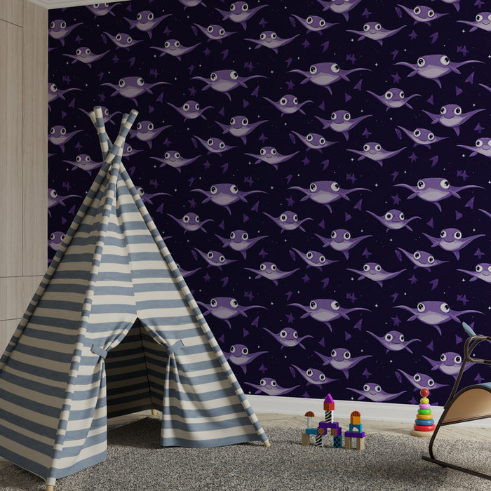 Papier peint chambre enfant à motifs | Poissons mignons sur fond violet étoilé