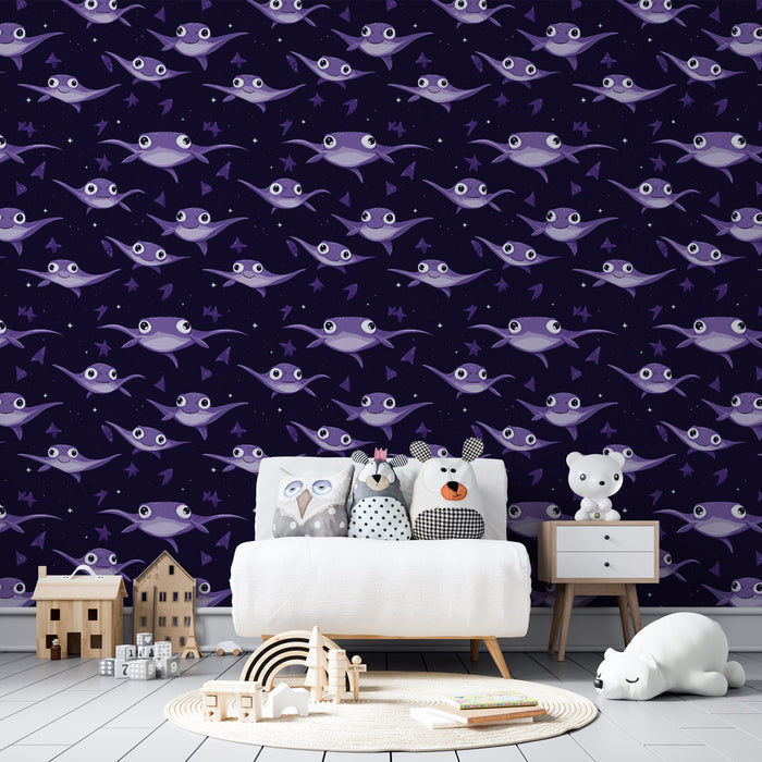 Papier peint chambre enfant à motifs | Poissons mignons sur fond violet étoilé