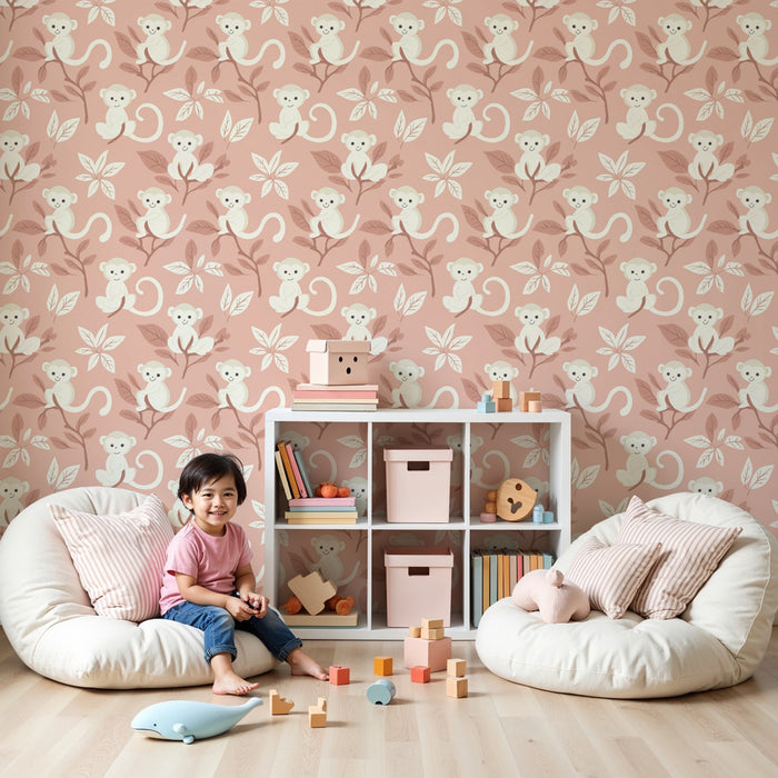 Papier peint chambre enfant à motifs | Singes mignons sur fond rose