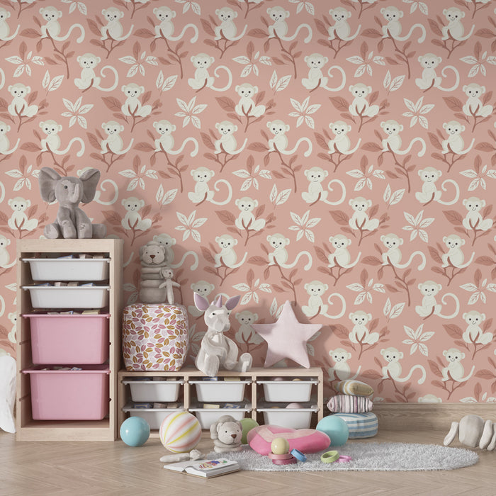 Papier peint chambre enfant à motifs | Singes mignons sur fond rose