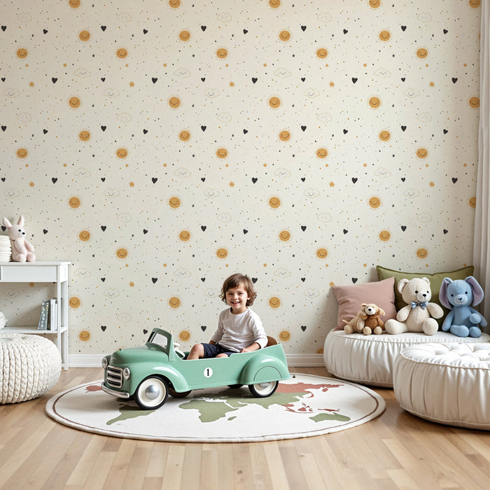 Papier peint chambre enfant à motifs | Soleil souriant et nuages doux