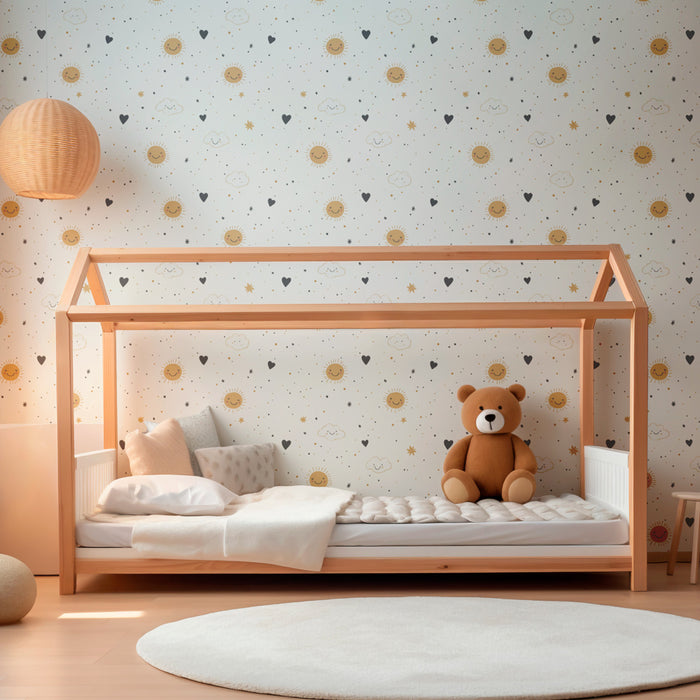 Papier peint chambre enfant à motifs | Soleil souriant et nuages doux