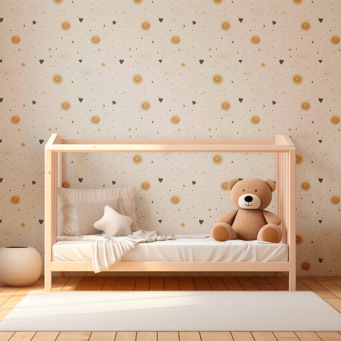 Papier peint chambre enfant à motifs | Soleil souriant et nuages doux