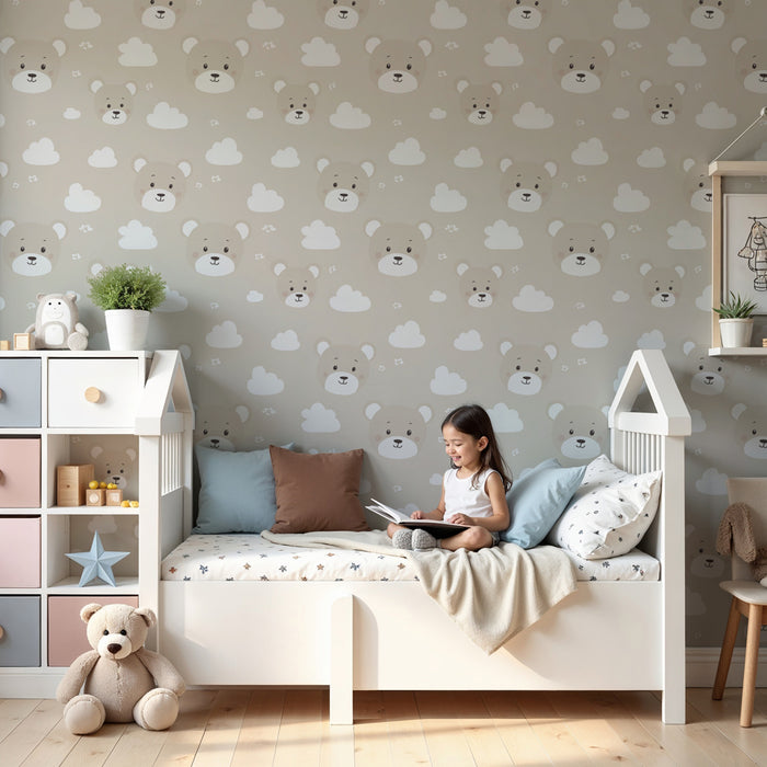 Papier peint chambre enfant à motifs | Têtes d'ours mignons sur fond nuageux