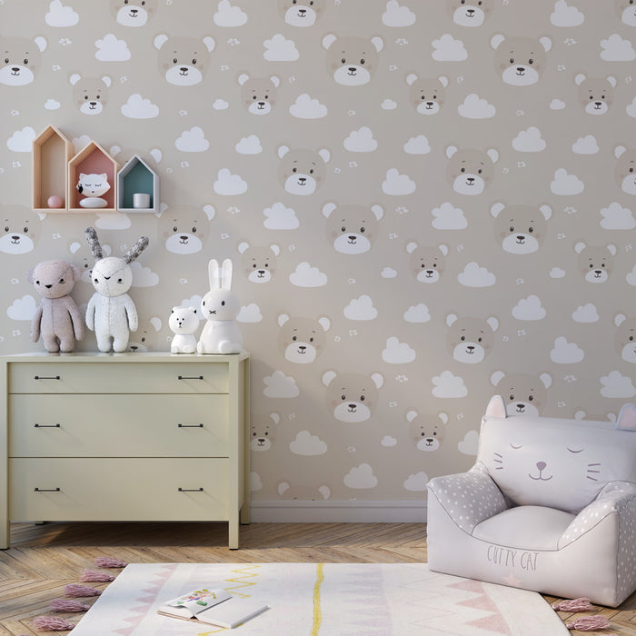 Papier peint chambre enfant à motifs | Têtes d'ours mignons sur fond nuageux