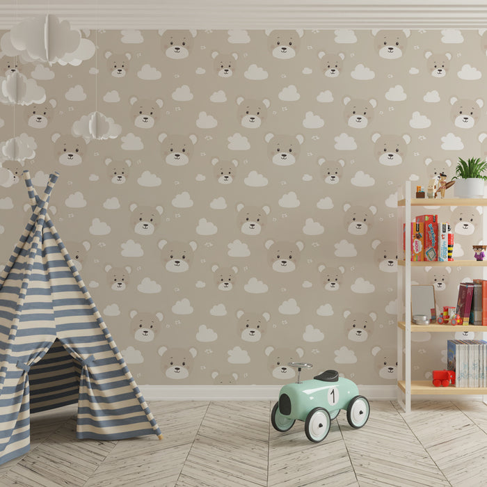 Papier peint chambre enfant à motifs | Têtes d'ours mignons sur fond nuageux