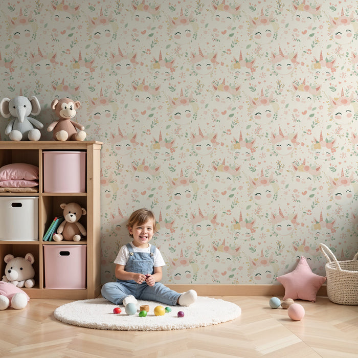 Papier peint chambre enfant à motifs | Têtes de licornes joyeuses amidées de fleurs délicates