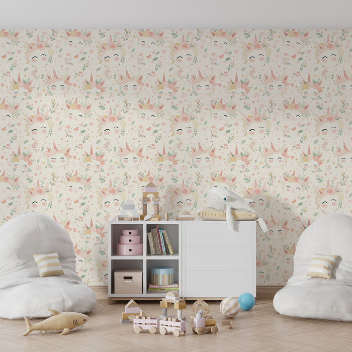 Papier peint chambre enfant à motifs | Têtes de licornes joyeuses amidées de fleurs délicates