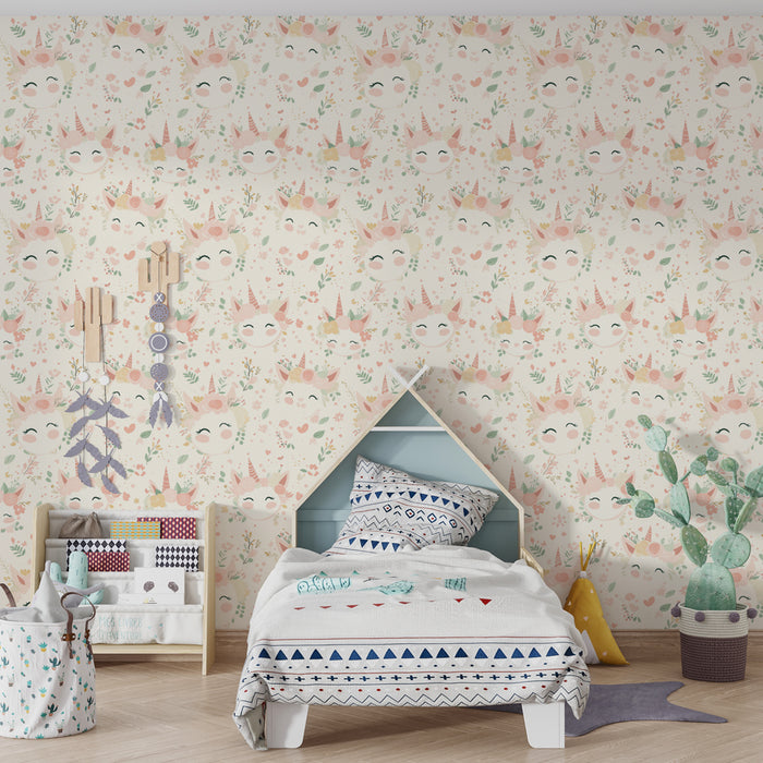 Papier peint chambre enfant à motifs | Têtes de licornes joyeuses amidées de fleurs délicates