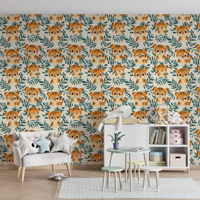 Papier peint chambre enfant à motifs | Tigres joyeux et feuillage tropical