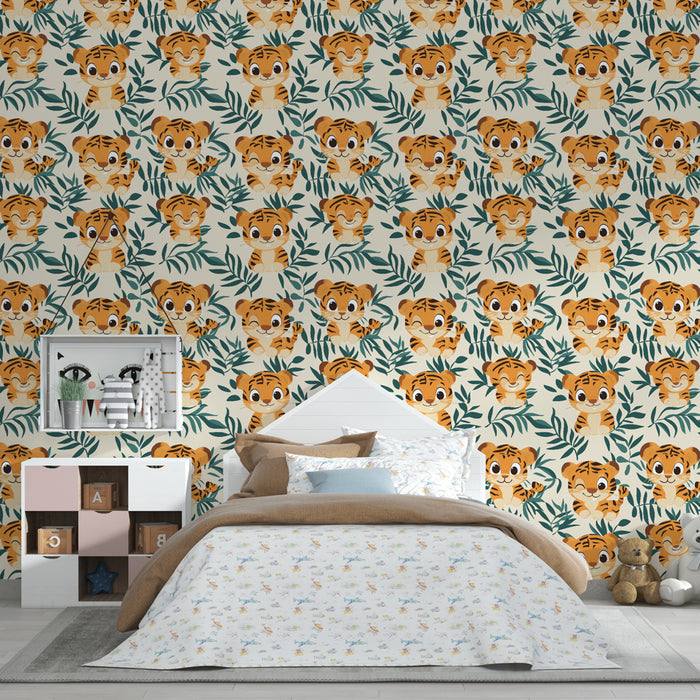 Papier peint chambre enfant à motifs | Tigres joyeux et feuillage tropical