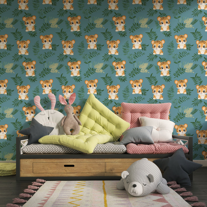 Papier peint chambre enfant à motifs | Tigres mignons entourés de feuillages