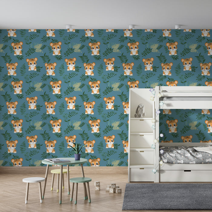 Papier peint chambre enfant à motifs | Tigres mignons entourés de feuillages