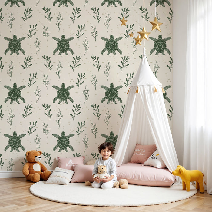 Papier peint chambre enfant à motifs | Tortues marines avec un joli feuillage