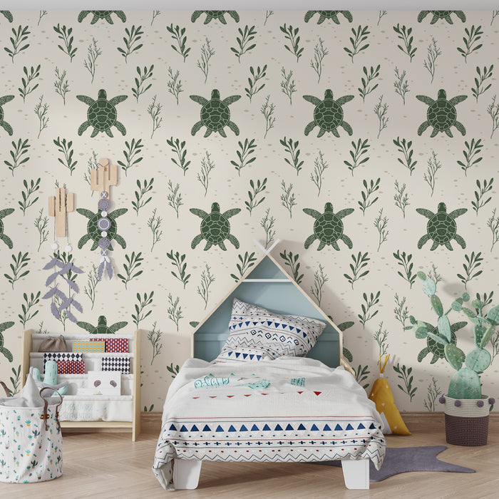 Papier peint chambre enfant à motifs | Tortues marines avec un joli feuillage