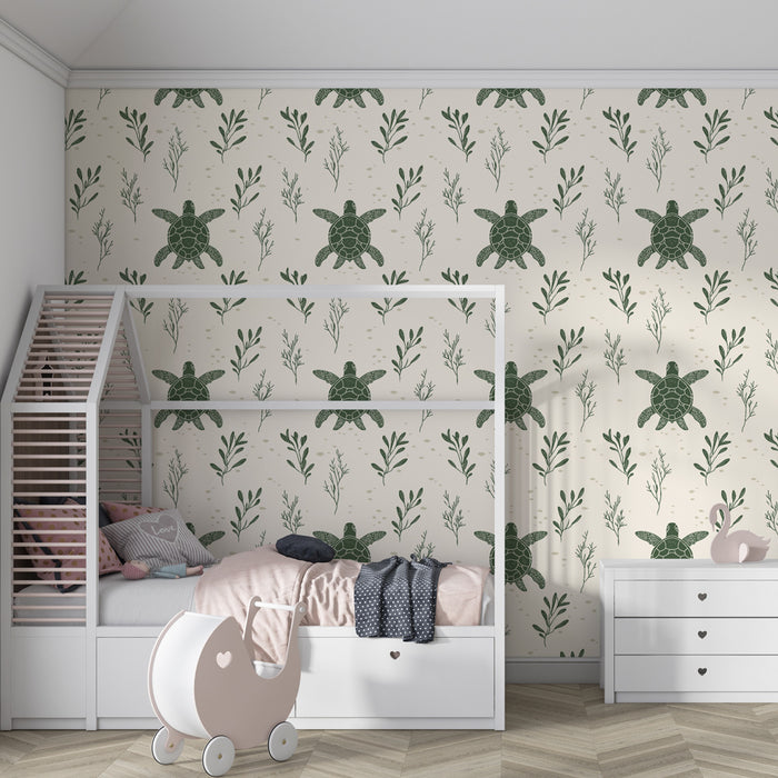 Papier peint chambre enfant à motifs | Tortues marines avec un joli feuillage