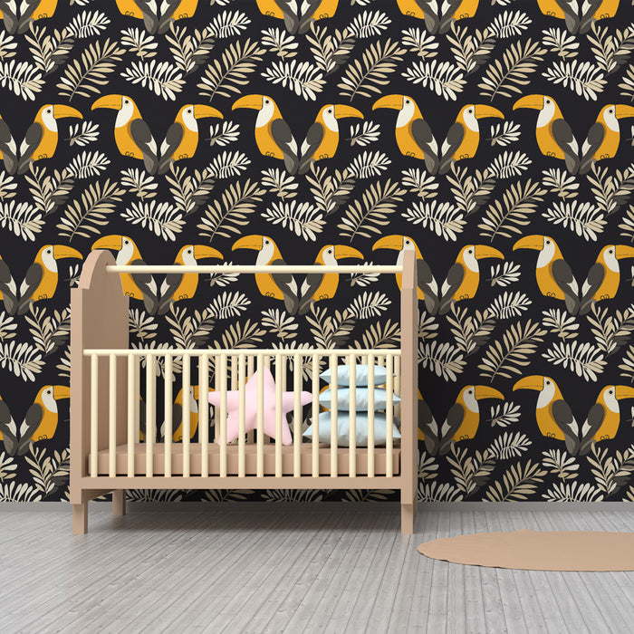 Papier peint chambre enfant à motifs | Toucans joyeux sur fond noir
