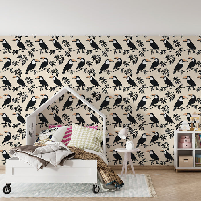 Papier peint chambre enfant à motifs | Toucans stylisés sur fond doux