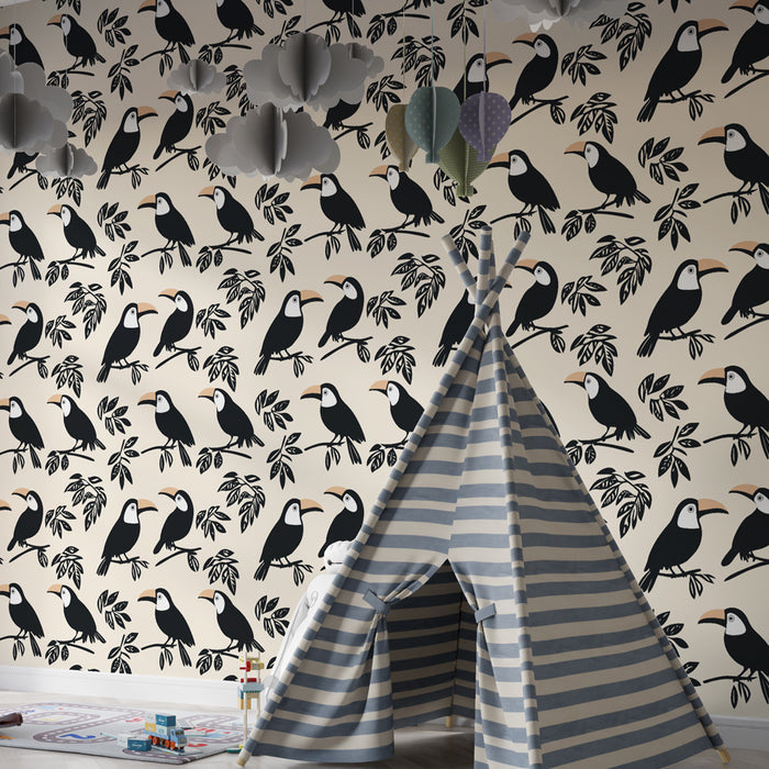 Papier peint chambre enfant à motifs | Toucans stylisés sur fond doux