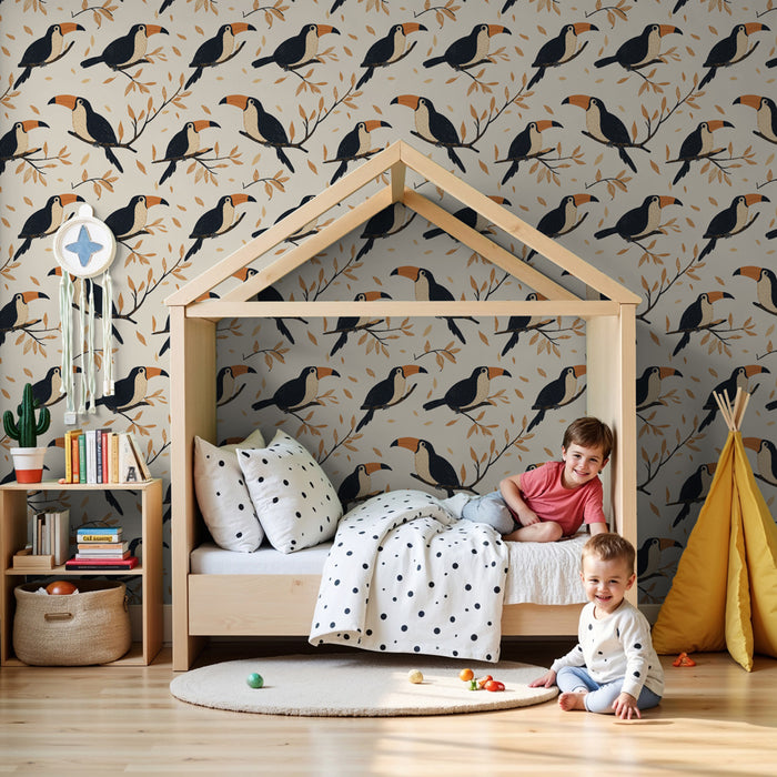 Papier peint chambre enfant à motifs | Toucans sur branches avec feuillage doré