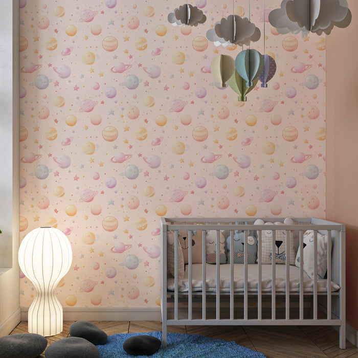 Papier peint chambre enfant à motifs | Univers pastel avec planètes et étoiles