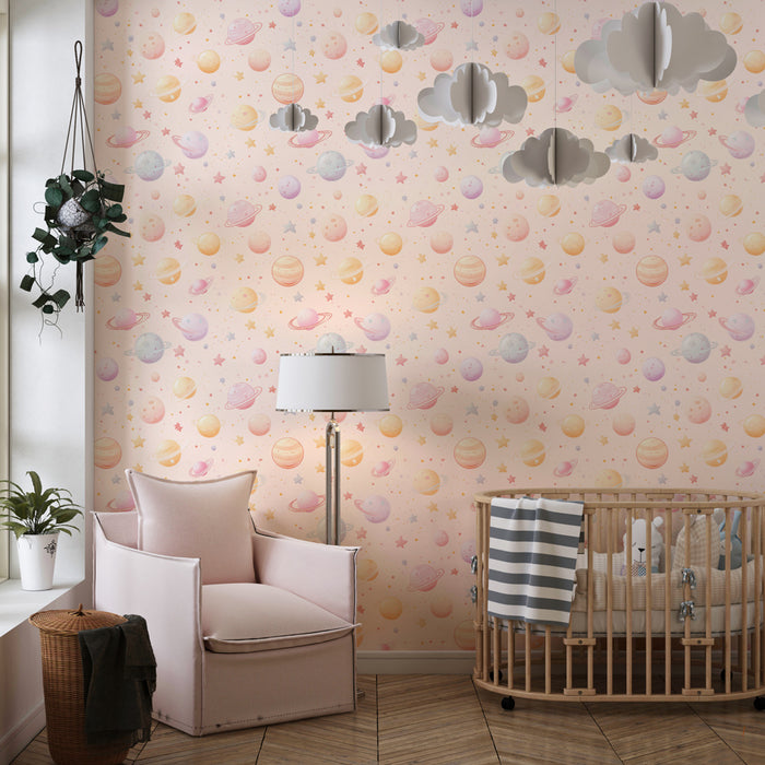 Papier peint chambre enfant à motifs | Univers pastel avec planètes et étoiles