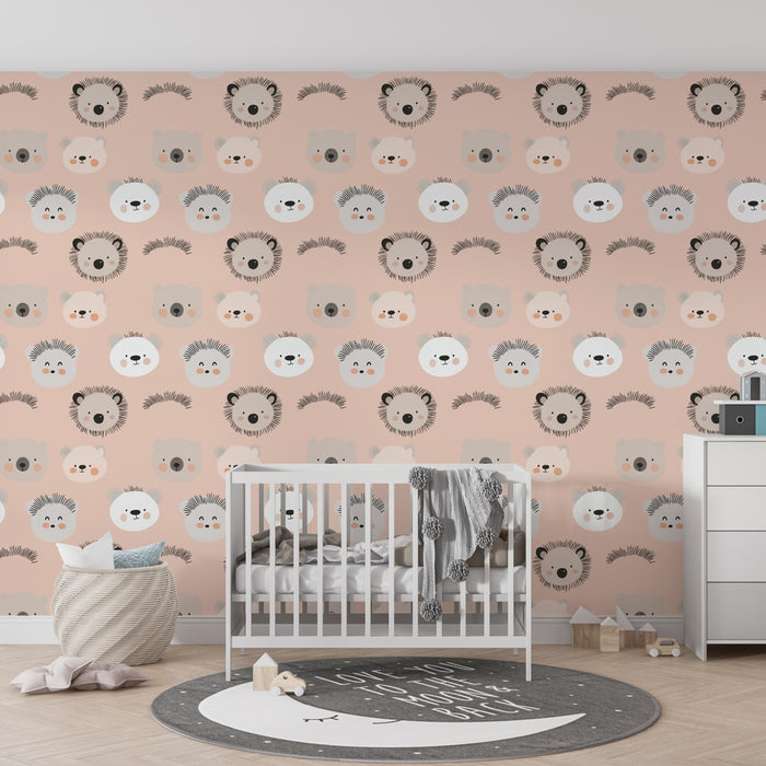 Papier peint chambre enfant à motifs | Visages d'animaux adorables sur fond rosé