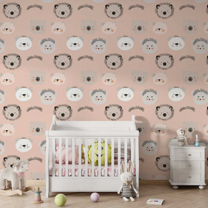 Papier peint chambre enfant à motifs | Visages d'animaux adorables sur fond rosé