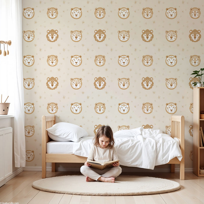 Papier peint chambre enfant à motifs | Visages d'animaux dans des tons doux