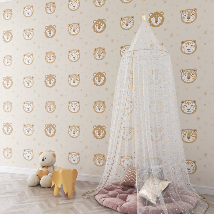 Papier peint chambre enfant à motifs | Visages d'animaux dans des tons doux