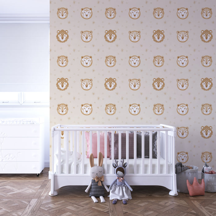 Papier peint chambre enfant à motifs | Visages d'animaux dans des tons doux