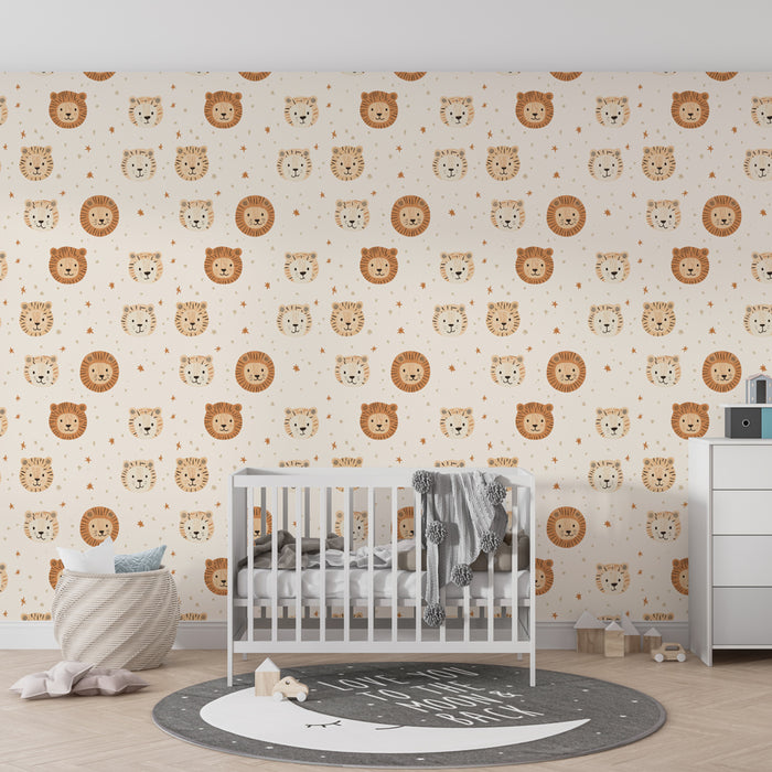 Papier peint chambre bébé à motifs | Visages de lions amusants sur fond doux