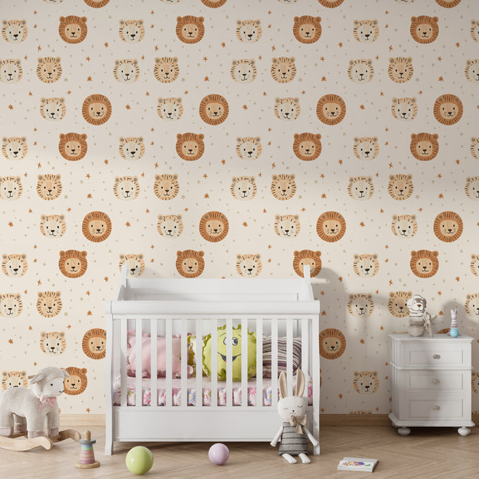 Papier peint chambre bébé à motifs | Visages de lions amusants sur fond doux