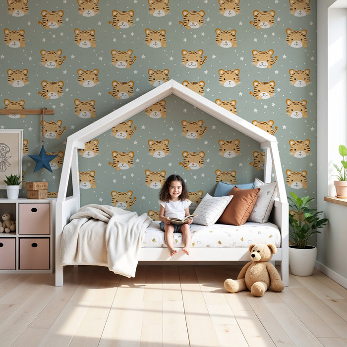 Papier peint chambre enfant à motifs | Visages de tigres mignons sur fond pastel