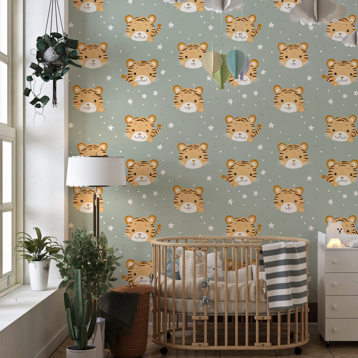 Papier peint chambre enfant à motifs | Visages de tigres mignons sur fond pastel