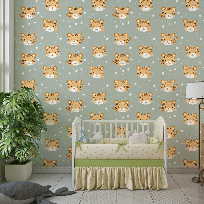 Papier peint chambre enfant à motifs | Visages de tigres mignons sur fond pastel