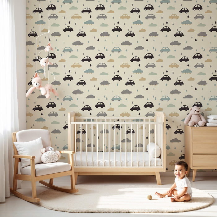 Papier peint chambre enfant à motifs | Voitures colorées et nuages joyeux