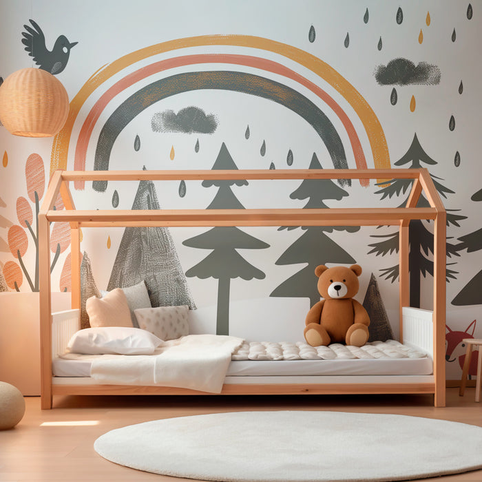 Papier peint chambre enfant | Forêt graphique sous la pluie joyeuse, arc-en-ciel et soleil malicieux