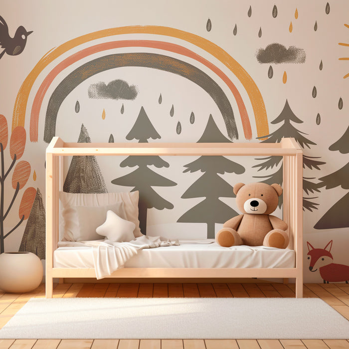 Papier peint chambre enfant | Forêt graphique sous la pluie joyeuse, arc-en-ciel et soleil malicieux